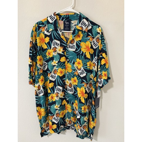 Miller Lite Tropical Cans Hawaiian Shirt Rayon Button Up SS Top Mens Size Large - Picture 1 of 6